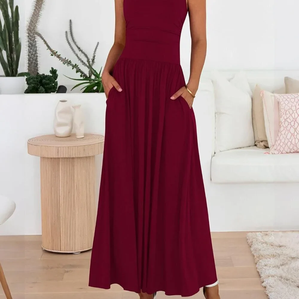 Summer Maxi Dress Women Casual Sleeveless Ruched High Waist Flowy Beach Dress - Picture 4 of 8
